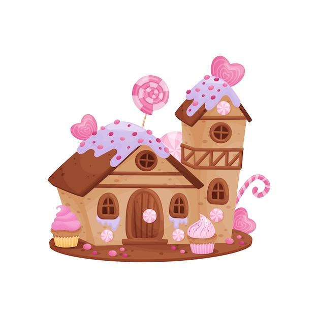 Casa de pan de jengibre con una torre decorada con dulces de gacela y muffins ilustración vectorial sobre fondo blanco