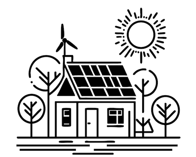 Casa de panel solar solar continuo dibujo de icono de una línea Energía del sol con hogar ecológico
