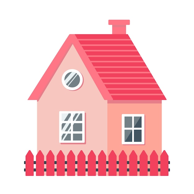 Casa con paredes rosadas y techo rojo cerca roja Ilustración vectorial