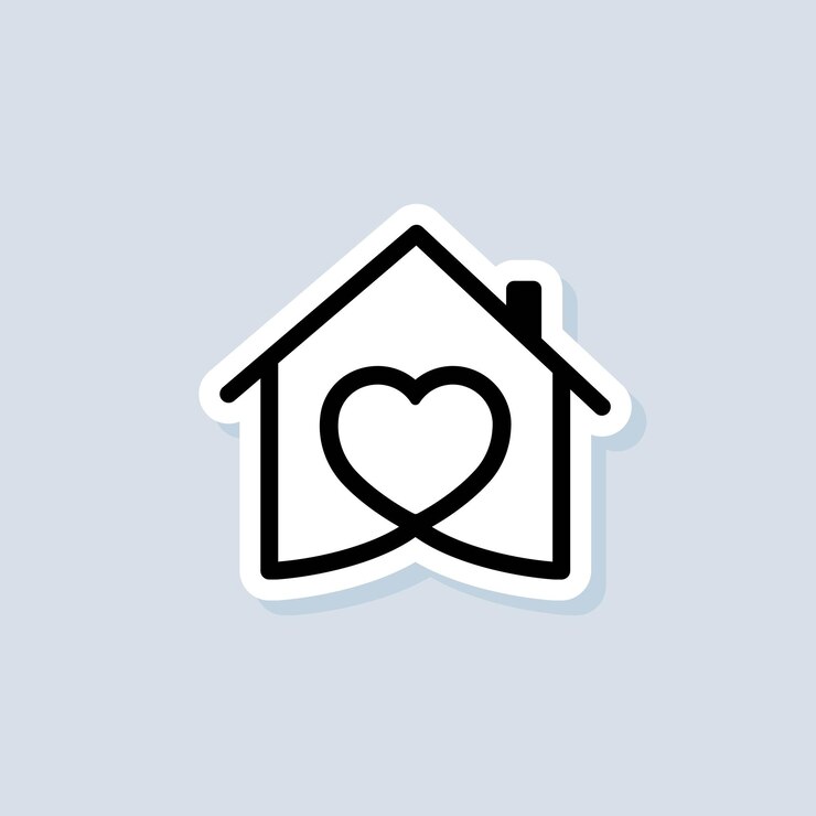Casa con pegatina de corazón, símbolo de casa de amor. Hospital. Familia feliz. Vector sobre fondo aislado. EPS 10.