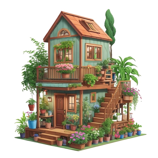 Casa pequeña con plantas en maceta