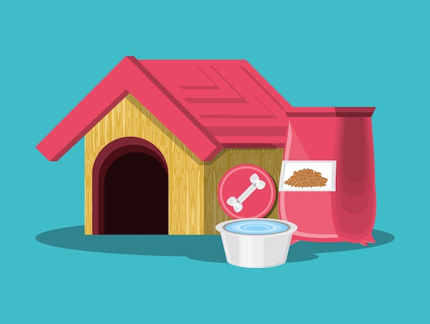 Vector casa de perro y paquete de comida para perros sobre fondo azul