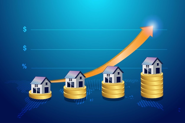 Casa en la pila de monedas de oro con el aumento del precio del gráfico Concepto de inflación económica del mercado inmobiliario costo de la construcción de viviendas crecimiento del precio del servicio de seguro del hogar