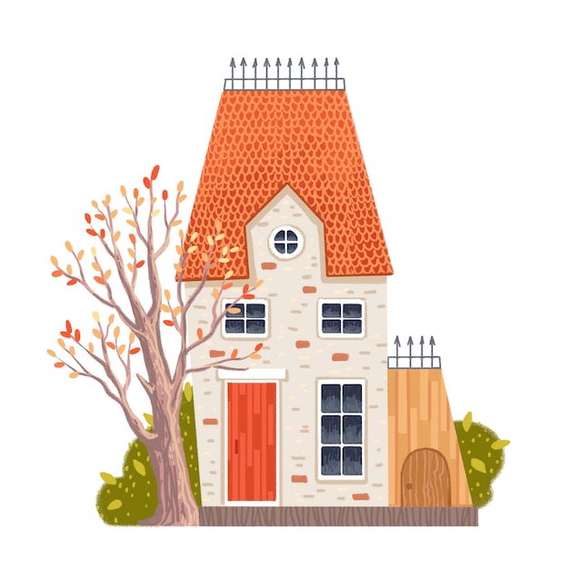 Casa pintada en otoño con una caja para el perro con madera y arbustos.