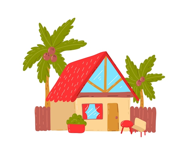 Casa de playa tropical, vacaciones de verano activas y calurosas, cabaña junto al mar, ilustración de estilo de dibujos animados de diseño, aislado en blanco. palmera verde cerca de la cabaña, descanso en la isla, acogedor edificio de bungalows de madera