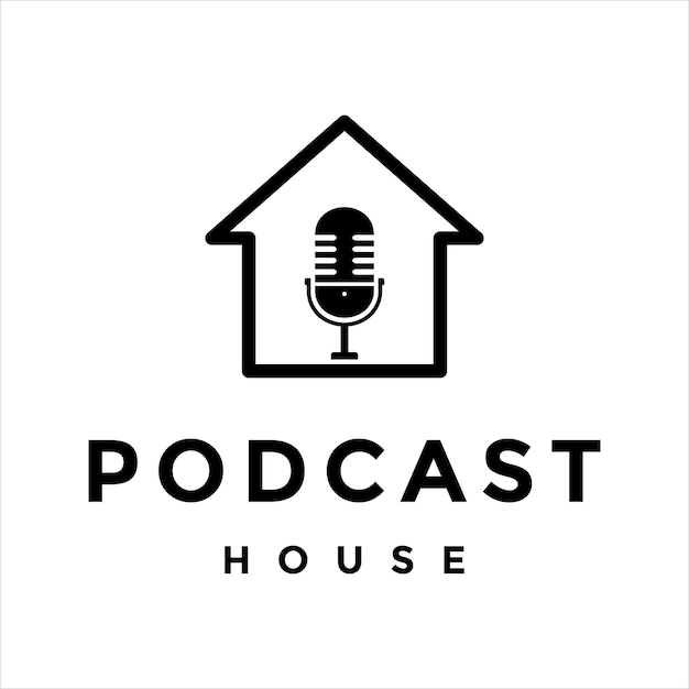 Casa de podcast o estudio de música con vector de diseño de logotipo de icono de micrófono