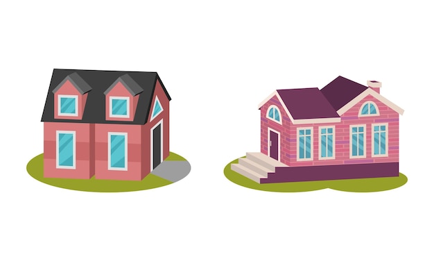 Casa privada y cabaña como vivienda acogedora descansada en el conjunto vectorial de césped verde