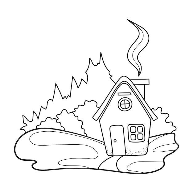 Casa de pueblo linda en el paisaje de la colina y el bosque Edificio en estilo de dibujos animados vector aislado
