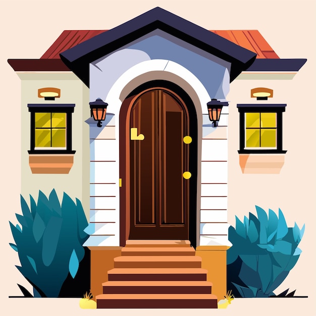 Vector casa, puerta principal, caricatura, vector, ilustración, casa, edificio, entrada, exterior, aislado, diseño