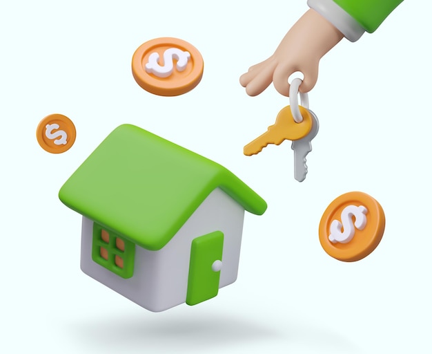 Casa realista con techo verde con las llaves en la mano y monedas flotando.