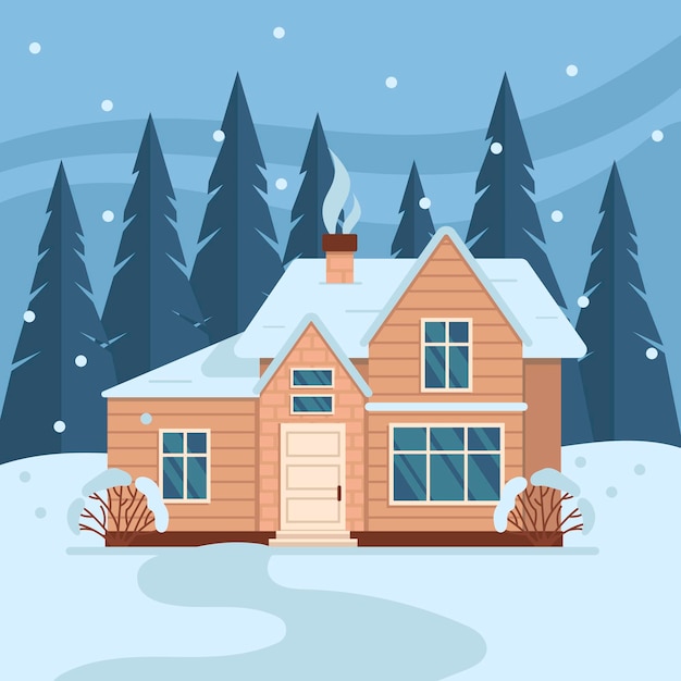 Casa residencial en el bosque árboles y nevadas en el fondo ilustración cuadrada vector