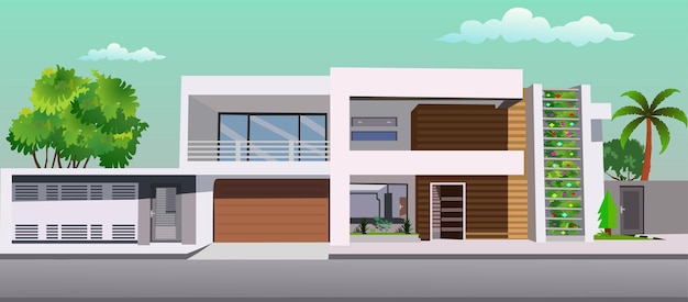 Casa rica moderna inmobiliaria en ilustración de fondo de dibujos animados de vector de estilo plano.