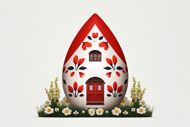 Casa roja en blanco con cáscara de huevo rota aislada sobre fondo blanco ilustración 3d