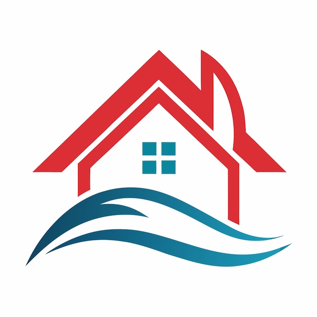 una casa roja con un logotipo azul en ella