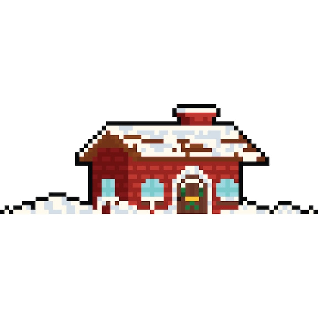 Casa roja nevada de pixel art