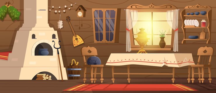 Vector casa rusa antiguo interior de la habitación eslava con muebles tradicionales auténticos vintage fondo de dibujos animados vectoriales exactos