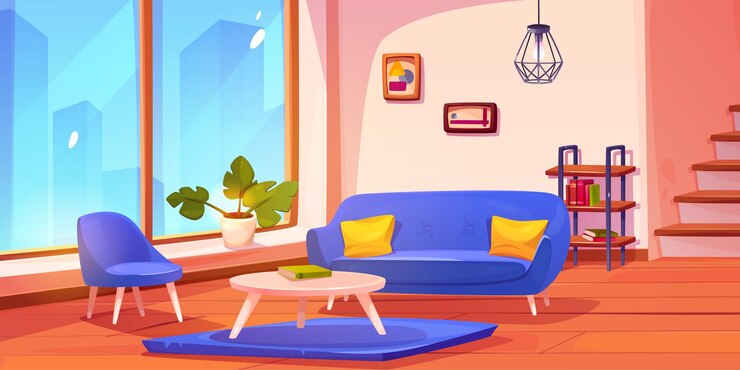 Vector casa sala de estar cerca de fondo de dibujos animados de escalera