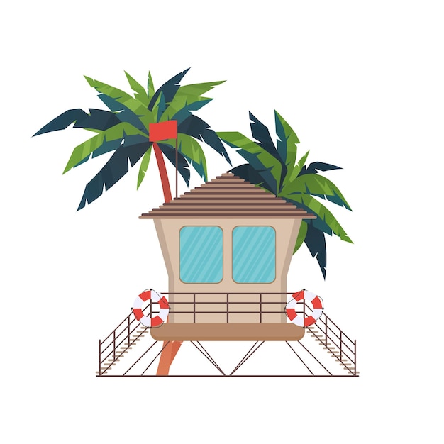 Casa de salvavidas de madera en diseño plano Torre de salvavidas retro aislada sobre fondo blanco Cabaña de vigilantes de la playa o torre de observación ilustración vectorial