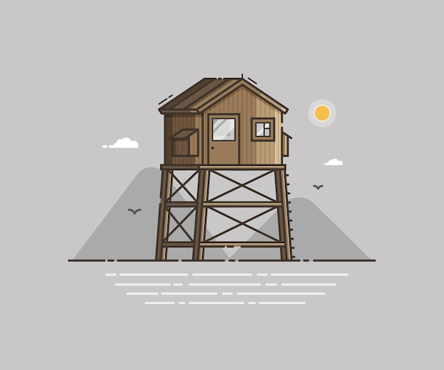 Casa de salvavidas de madera sobre fondo de playa en diseño plano. Torre de salvavidas retro en el paisaje de la costa del mar. Ilustración de vector de cabaña de vigilantes de la playa.