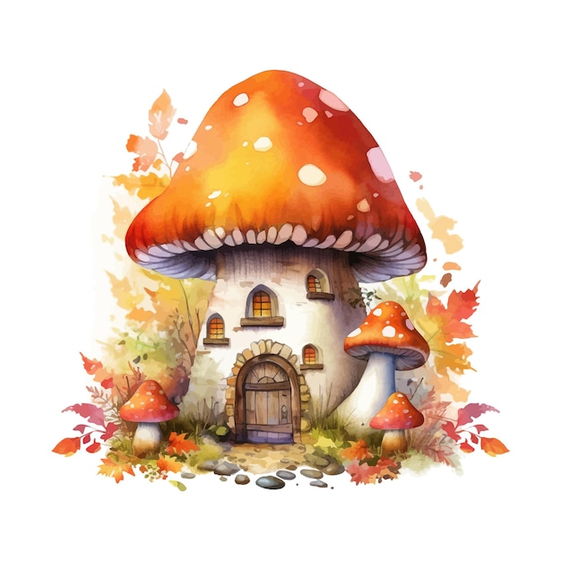 Casa de setas de cuento de hadas Decoración de animales de otoño o otoño Ilustración de acuarela de pintura digital