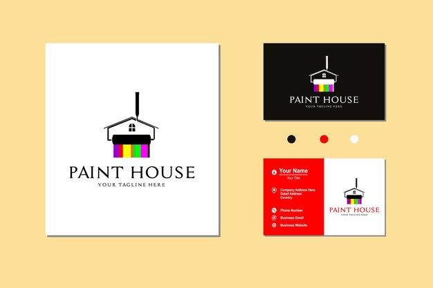 Casa simple y herramienta de pintura de rodillos con arco iris para el diseño del logotipo de la empresa de pintura del almacén de pintura
