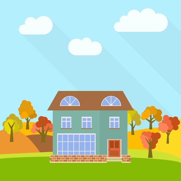 Casa solitaria de dos plantas en un campo con árboles amarillos. Ilustración vectorial.