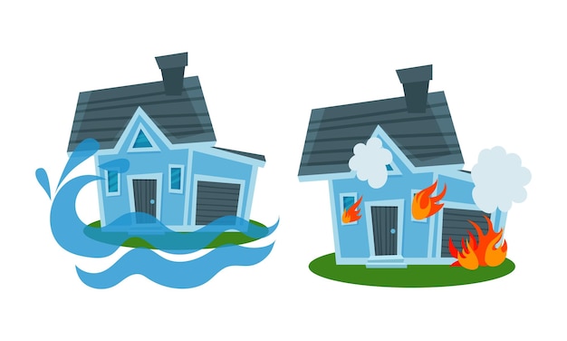 Casa sometida a un peligro natural como incendio e inundación Conjunto de ilustraciones de vectores
