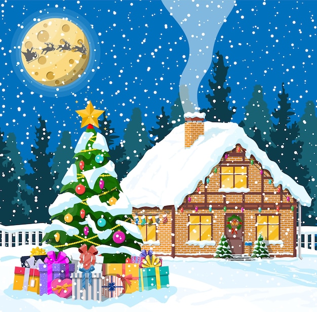 Casa suburbana cubierta de nieve. Edificio en adorno navideño. Árbol de paisaje de Navidad, renos de trineo de santa. Decoración de año nuevo. Feliz navidad celebración de navidad. ilustración