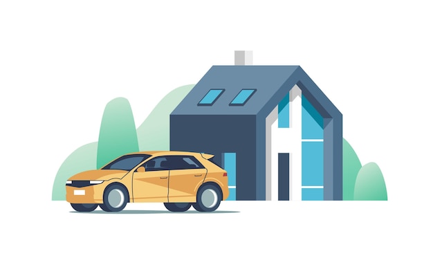Casa suburbana moderna Casa familiar con auto Ilustración vectorial