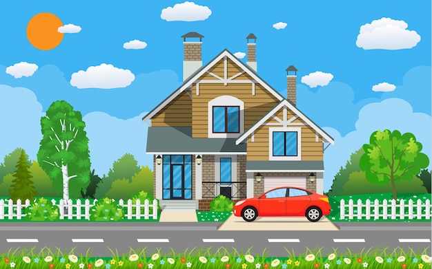 Casa suburbana privada con coche, árboles, camino, cielo y nubes.