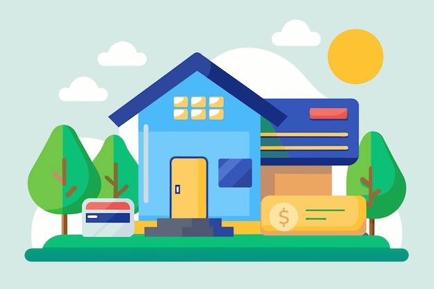 Vector casa con tarjeta de crédito presentación de ventas de casas por tendencias de tarjetas de crédito ilustración vectorial plana simple y minimalista