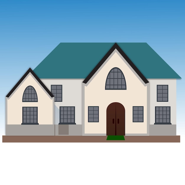 Una casa con techo verde y techo azul