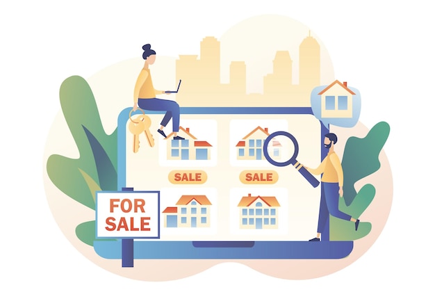 Vector casa en venta concepto de negocio de bienes raíces con casas pequeño agente de bienes raíces o corredor buscando
