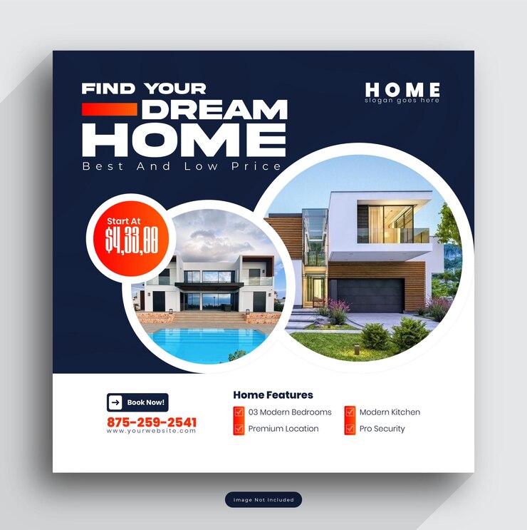 una casa para la venta se muestra con un cartel azul y blanco que dice su casa de ensueño