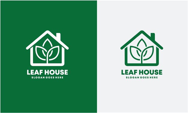 casa verde con una hoja en el frente y el logotipo a la derecha