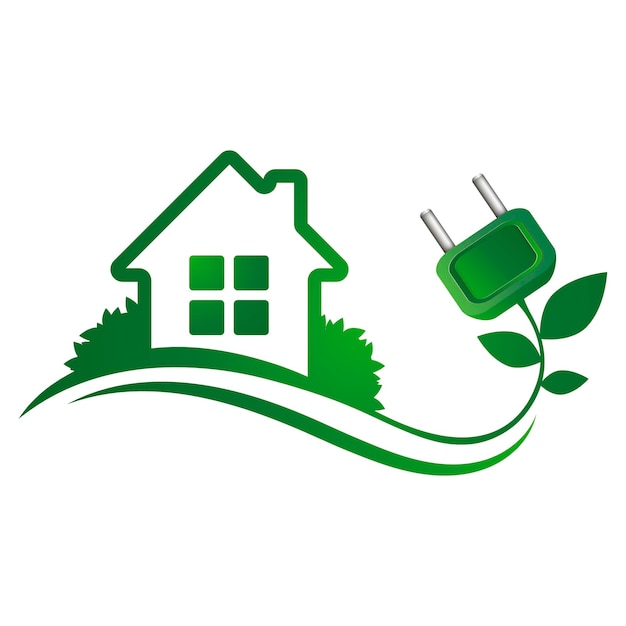 Casa verde con hojas y enchufe eléctrico.