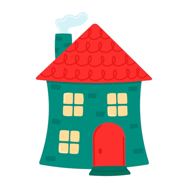 Casa verde con techo rojo y chimenea Vista delantera La casa de los niños está aislada sobre un fondo blanco