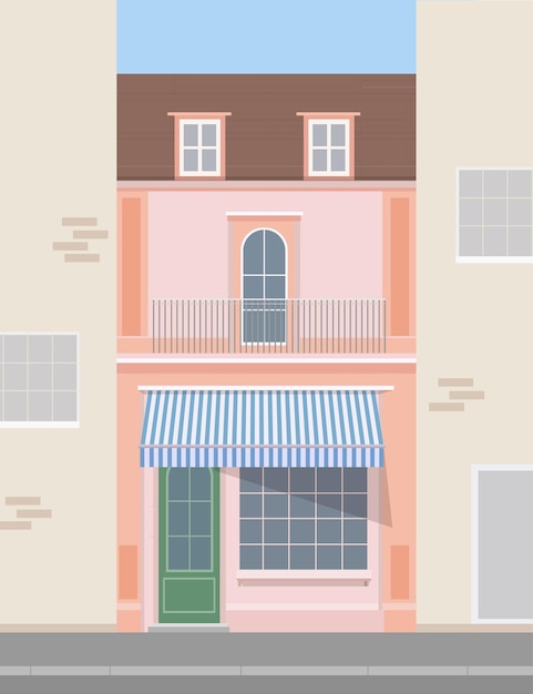 Casa vieja de color beige con ventanas verticales y ventana de una tienda Ilustración plana vectorial