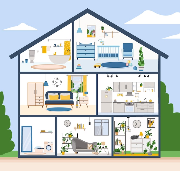 Casa con vista interior y muebles de diseño plano
