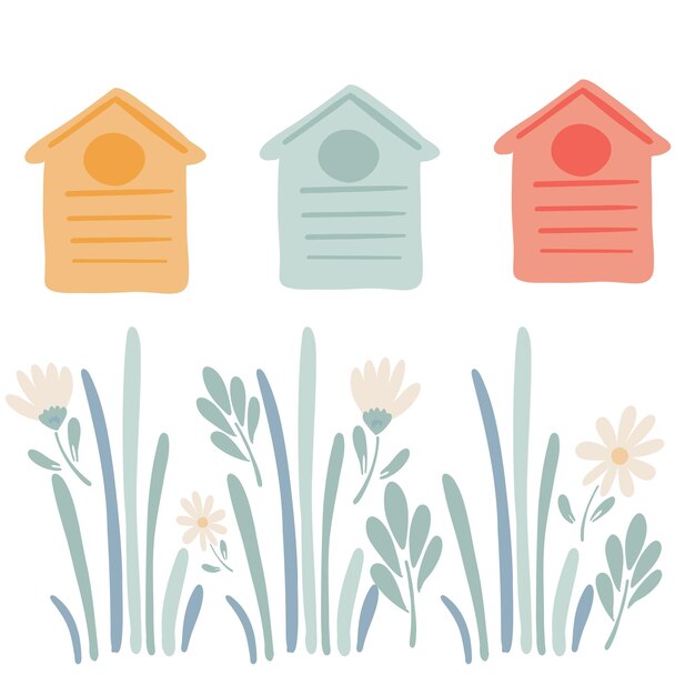 Las casas de abejas de colmenas de diseño plano con camomila y hierba