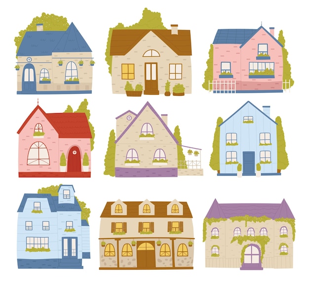 Casas adosadas, vecindario, residencia, edificios de dibujos animados, conjunto, lindo, colorido, cabaña, cabaña, casas