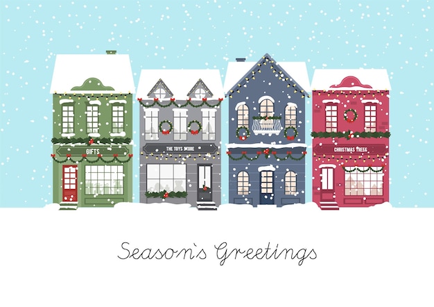 Casas bonitas de Navidad Aldea de invierno Casas decoradas Ciudad Saludos de la temporada Ilustración vectorial