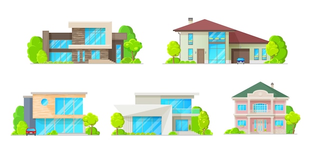 Casas cabañas villas e iconos de vector de bungalow