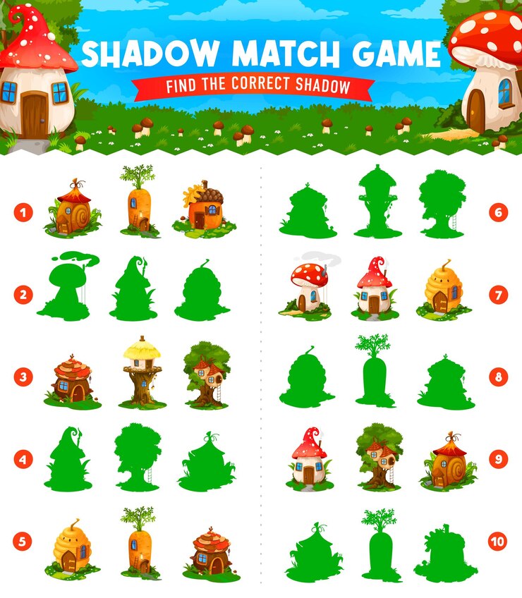 Vector casas de cuento de hadas en la hoja de trabajo del juego shadow match