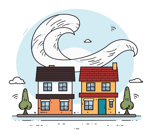 Casas de dibujos animados con una gran ola estilizada que se acerca desde atrás una casa tiene un techo rojo la otra