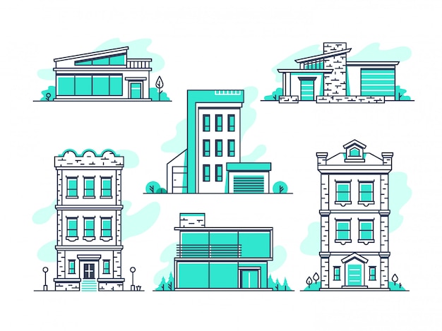 Casas y edificios propiedad alojamiento. Esquema de la arquitectura moderna aislado