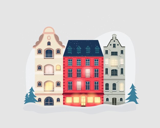 Casas escandinavas de diferentes formas con nieve Ilustración vectorial