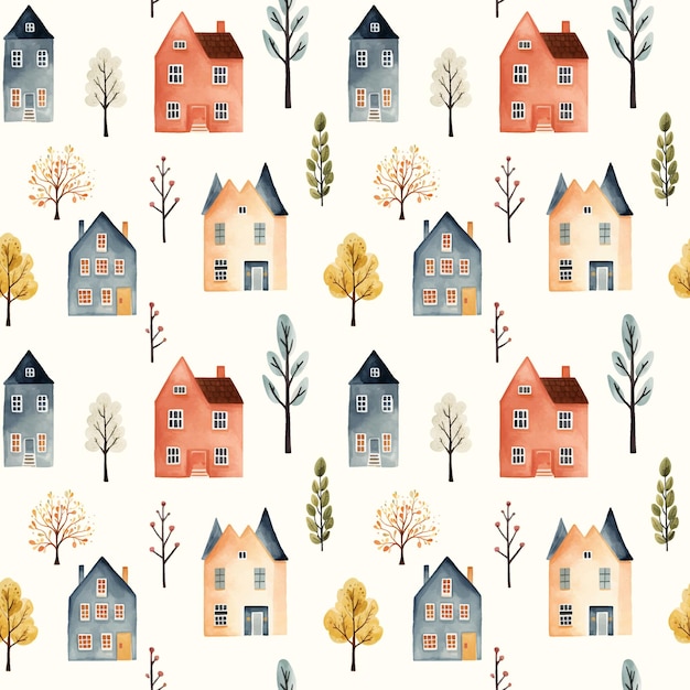 Casas escandinavas de patrones sin fisuras Lindos edificios y árboles de acuarela Estampado escandinavo de moda