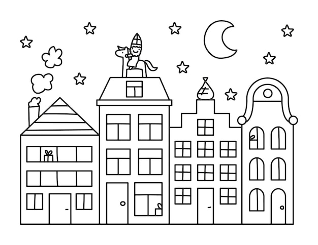 Casas holandesas e ilustración vectorial de Sinterklaas