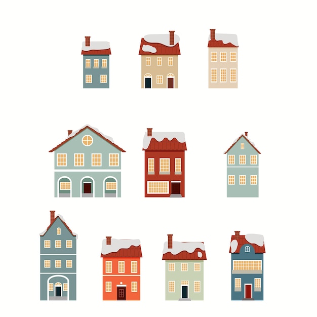 Casas de invierno europeas Conjunto vectorial de elementos para diseño y tarjetas de felicitación